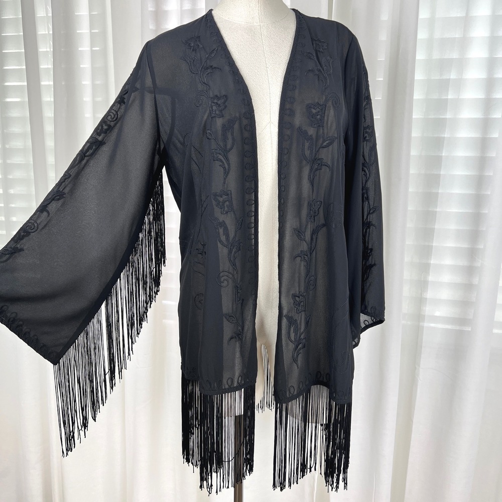 Lush Black Sheer Floral Embroidered Fringe Kimono Cardigan  Womens M Whimsigoth